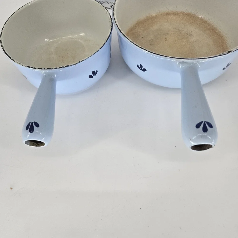 Vintage DRU Holland Blue Enamel Saucepan Set With Lids Tulip MCM Cookware 6
